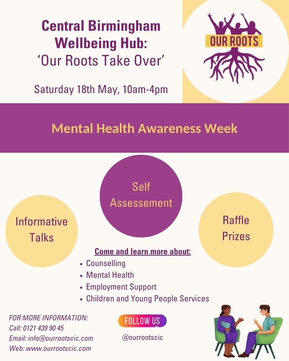 On Sat 18th May we welcome Our Roots CIC to our Wellbeing Hub from 10am

💜 Promote mental health & wellbeing
💜 Promoting social integration and cohesion
💜 Employment Support for marginalised communities 

#WellbeingHub #HubTakeover #RootsCIC #DropIn #MentalHealthAwarenessWeek