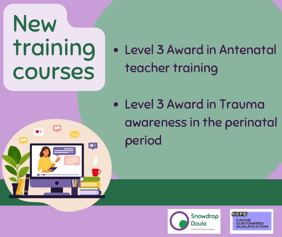 📣We’ve added more training courses
These now mean we have 5 Level 3 courses available. 
Doula training, infant feeding, perinatal mental health, antenatal teacher, trauma awareness. 
Details on the website now snowdropdoula.co.uk/doulatraining/…
#maternalmentalhealth #perinatalmentalhealth