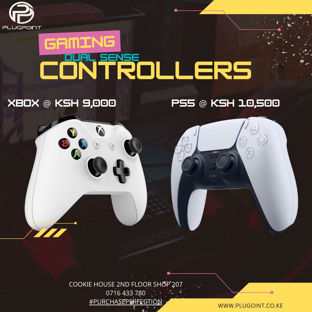 GAMING DUAL SENSE CONTROLLERS
 XBOX @ KSH 9,000 
PS5  @ KSH 10,500  

📍Cookie House 2nd Floor Shop 207 
📷 0716 433 780  
#PurchasePerfection