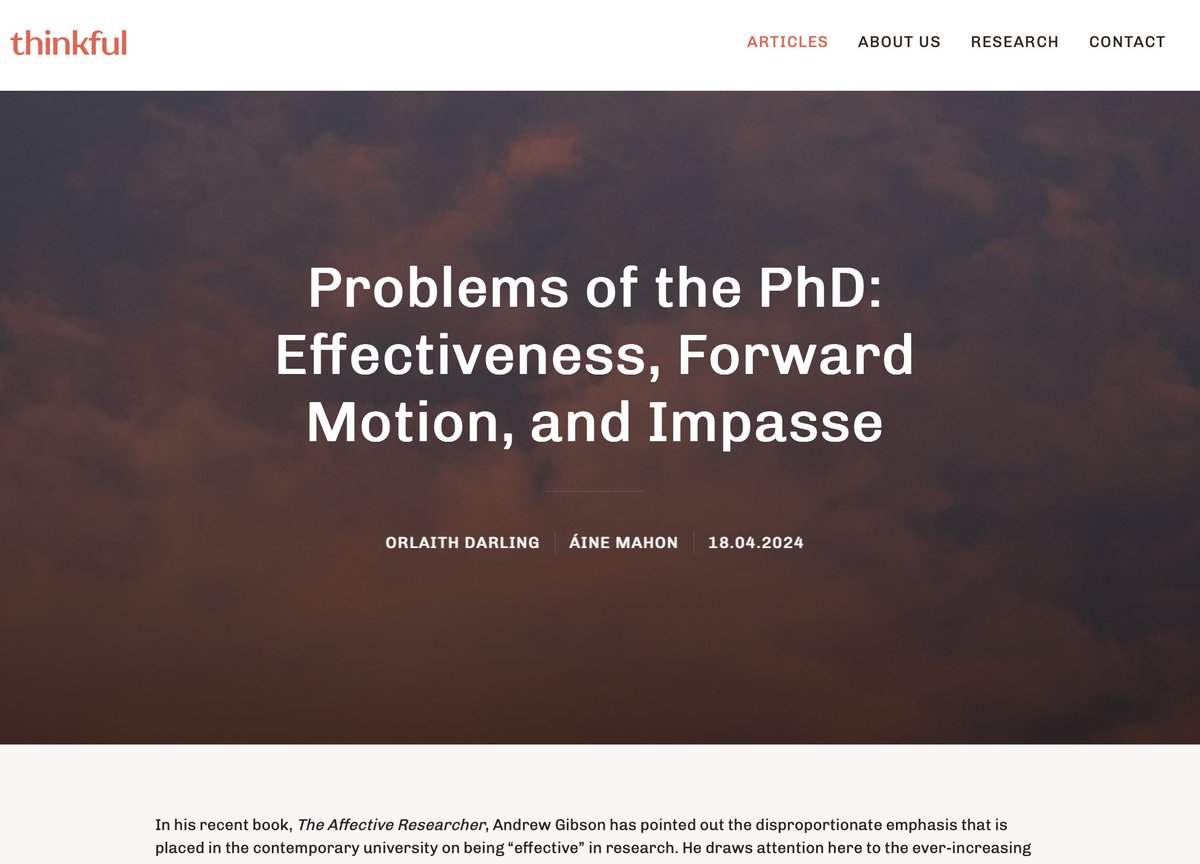 'The PhD is a time and space in itself and not, as the contemporary university would have us believe, a training programme or waiting room for 'real life”' In this week's #ThinkfulThursday Drs Orlaith Darling and Áine Mahon explore problems of the PhD. thinkful.ie/articles/probl…