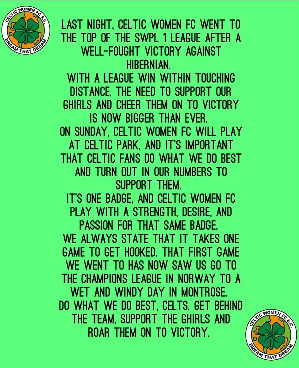 Can we please try and share this as far and wide amongst the Celtic support as possible? 🍀 The Ghirls deserve our support as much as possible so let's get behind them.