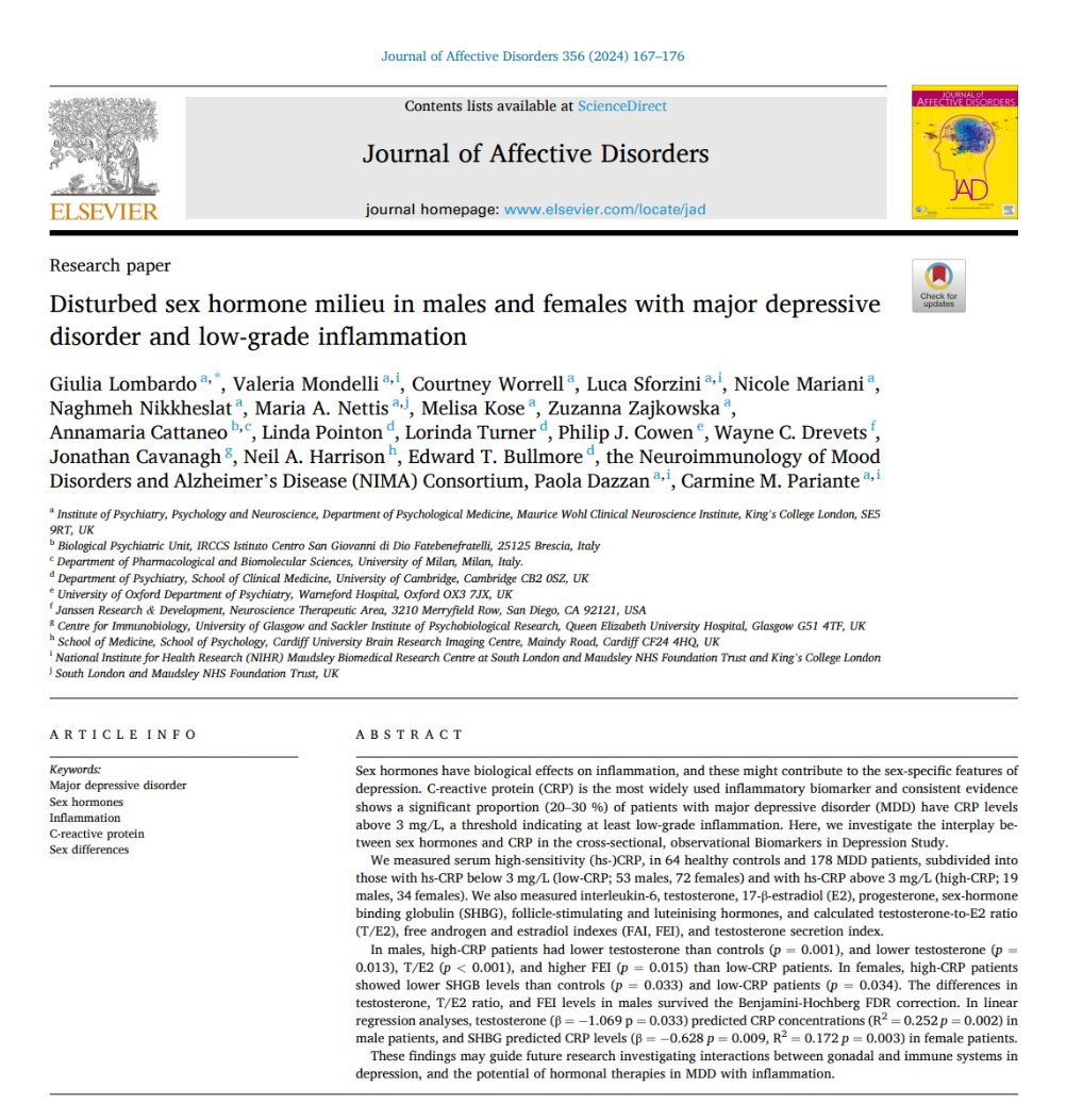 Giulia Lombardo (@lombardo_gg) on Twitter photo Happy to share that our paper investigating #sexhormones and #inflammation in males and females with #depression has been published in the Journal of Affective Disorders. Take a look! shorturl.at/bsw36
@ParianteLab <a href="/MondelliValeria/">Valeria Mondelli</a>
<a href="/paola_DZN/">Paola Dazzan</a> <a href="/PIXIELabKCL/">PIXIE Lab</a>
<a href="/SPILabKCL/">SPI Lab</a> Happy to share that our paper investigating #sexhormones and #inflammation in males and females with #depression has been published in the Journal of Affective Disorders. Take a look! shorturl.at/bsw36
@ParianteLab <a href="/MondelliValeria/">Valeria Mondelli</a>
<a href="/paola_DZN/">Paola Dazzan</a> <a href="/PIXIELabKCL/">PIXIE Lab</a>
<a href="/SPILabKCL/">SPI Lab</a>