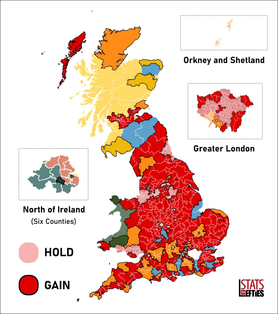 🚨 NEW: Labour lead by 25%, majority of 402 🟥 LAB 44% (-3) 🟦 CON 19% (-1) 🟪 REF 13% (+5) 🟧 LD 9% (=) 🟩 GRN 9% (+1) Via @IpsosUK, 3-15 April (+/- vs 21-28 February)