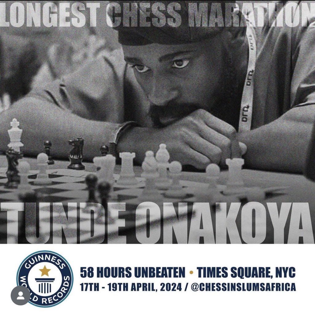 14 hours gone, 44 more hours to break the Guinness world record for the longest chessmarathon.

Go Tunde! 💪🏾
