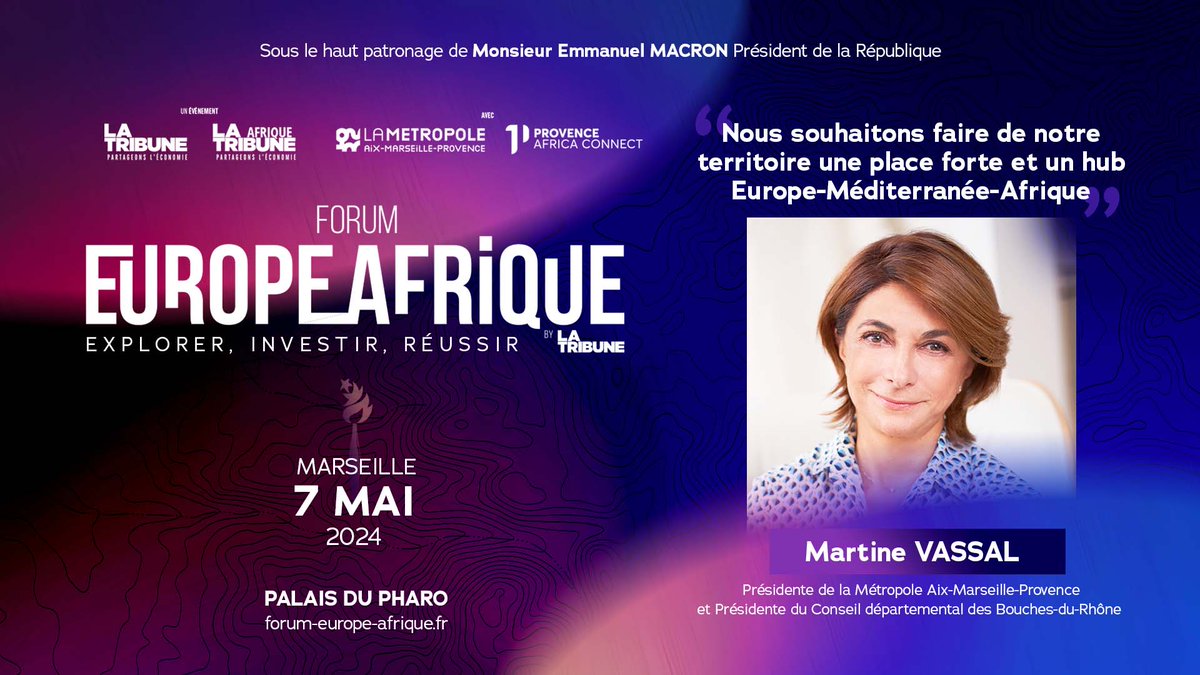 #SaveTheDate 🗓️ Le Forum Europe Afrique aura lieu le 7 mai prochain au palais du Pharo à #Marseille. 🤝 Organisé par @LaTribune et @LTAfrique en partenariat avec @AMPMetropole, cet événement fait le lien entre les deux continents. ✒️ Inscriptions sur forum-europe-afrique.fr