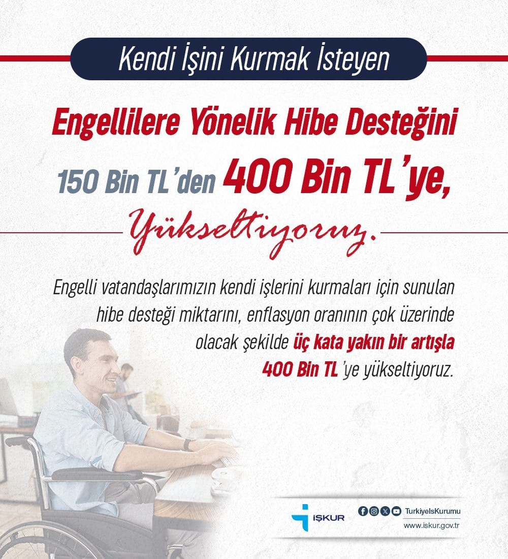 📢Kendi İşini Kurmak İsteyen Engellilere Yönelik Hibe Desteğini 150 Bin TL’den 400 Bin TL’ye Yükselttik. Detaylı bilgi ve başvuru için: 🔗iskur.gov.tr/duyurular/2024… #engelli #hibedesteği #İŞKURdaİşVar