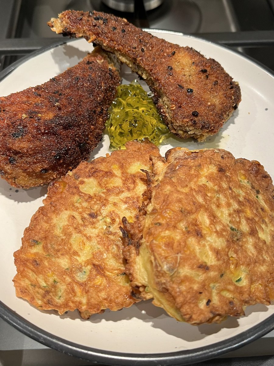 Tonight: crumbed lamb cutlets and zucchini, carrot and corn fritters.