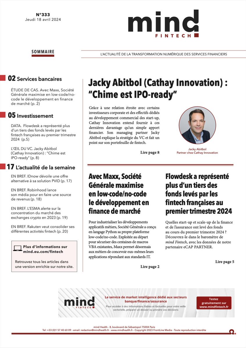 📯 [Hebdo n°332] Au sommaire de <a href="/mindfintech/">mind Fintech</a>
👉 lnkd.in/eXf-fAgM

☑️ Jacky Abitbol (<a href="/Cathayinnov/">Cathay Innovation</a>) : "<a href="/Chime/">Chime</a> est IPO-ready”
☑️ <a href="/flowdesk_co/">Flowdesk</a> a représenté plus du tiers des fonds levés par les fintech 🇫🇷 au T1 2024 
☑️ Maxx, la plateforme low-code/no-code de <a href="/SocieteGenerale/">Societe Generale Group</a>