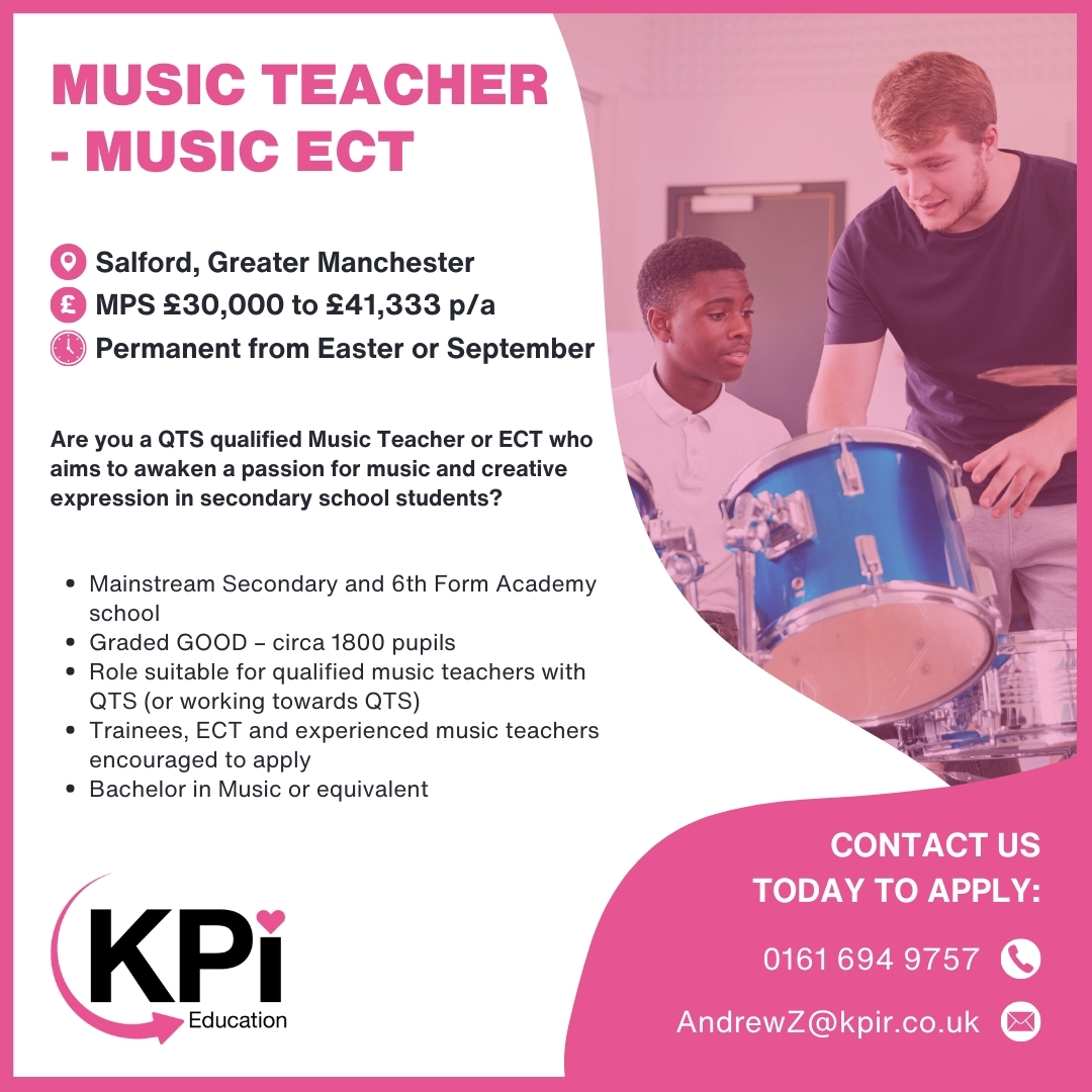 **MUSIC TEACHER** Salford.

Call 0161 694 9757 or email AndrewZ@kpir.co.uk to apply.

Visit bit.ly/MuTeSal to find this job & MORE!

#MusicTeacher #TeacherJobs #TeachingJobs #ECT #EducationJobs #SalfordJobs #ManchesterJobs #KPIRecruiting