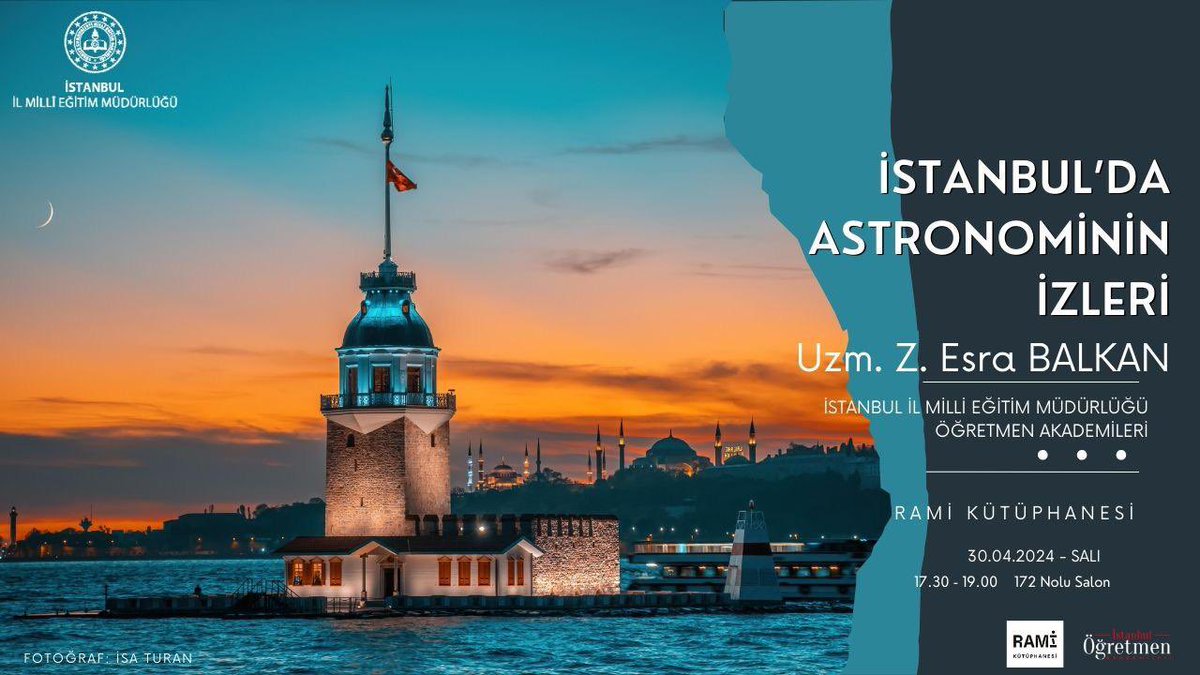 Astronomi ve Uzay Bilimleri Atölyeleri RAMİ Kütüphanesi buluşmalarında; İstanbul'da Astronominin İzleri sunumuyla Uzm.Z. Esra Balkan ile kentin yeryüzü ve gökyüzü hafızasını, Coğrafya ve Astronomiyi Bilim Tarihi perspektifinden okuyacağız. @tcmeb @MucahitYentur @istanbulilmem