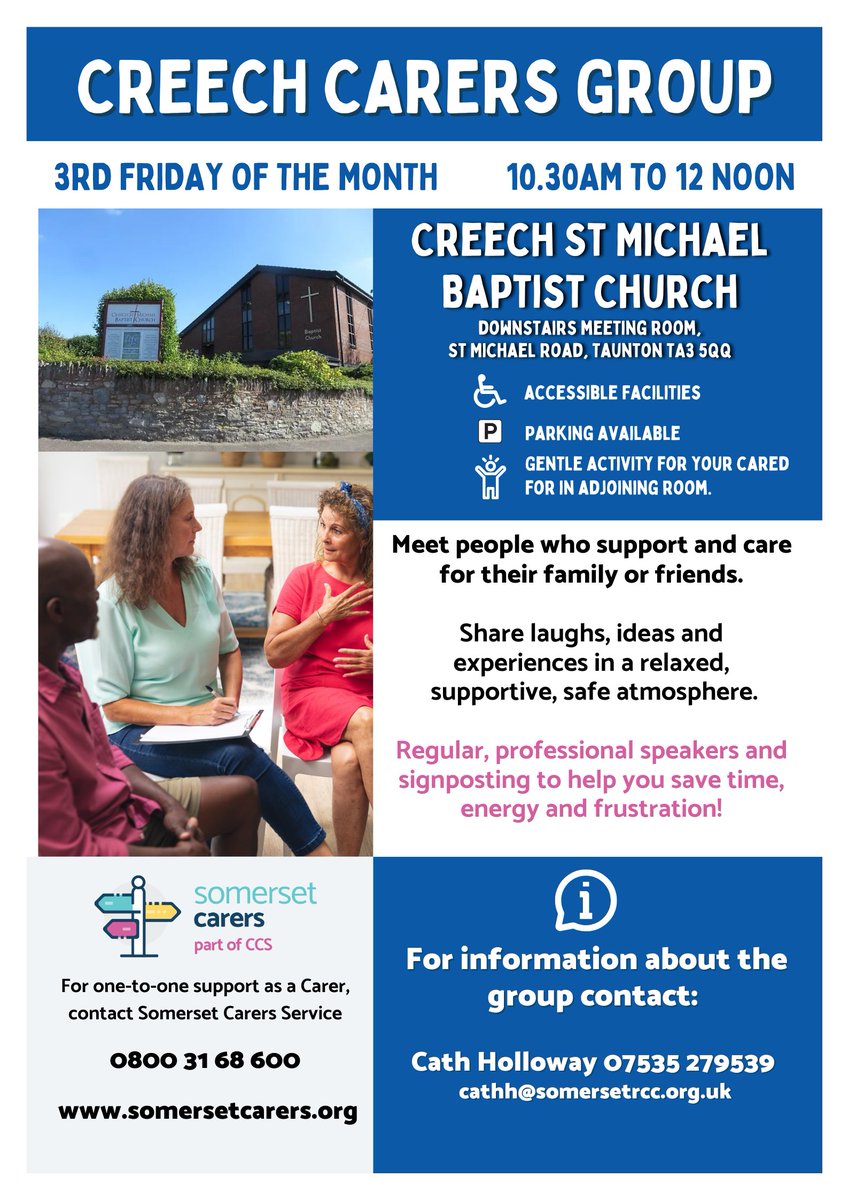 👀 There's a Carer's Group on Friday in Creech St Michael, in the downstairs meeting room at the Baptist Church - 10.30am to 12 noon. 

If the day or time doesn't suit you, take a look at our other groups at somersetcarers.org/carers-groups/

#CarerSupport #CreechStMichael