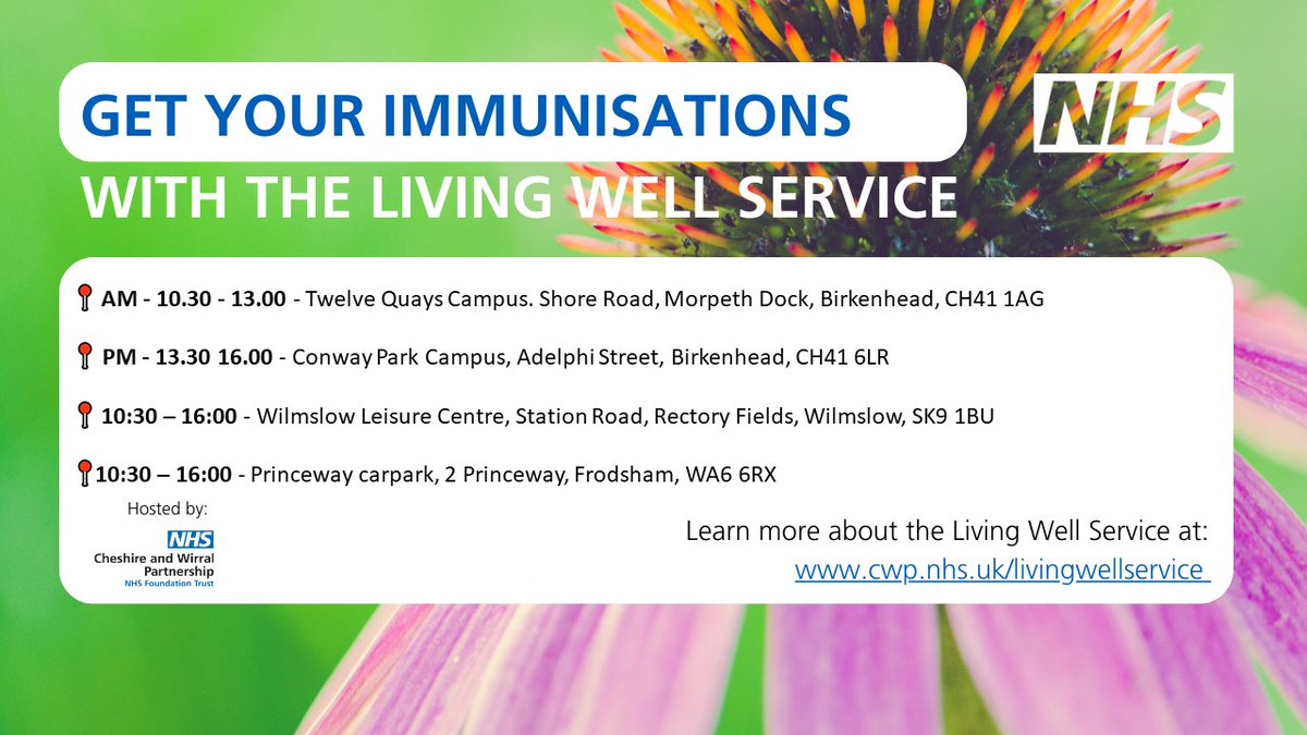 The Living Well Service is in these locations today from 10:30 - 16:00 offering all routine UK immunisations including MMR. Find out more: bit.ly/3Ywzf91