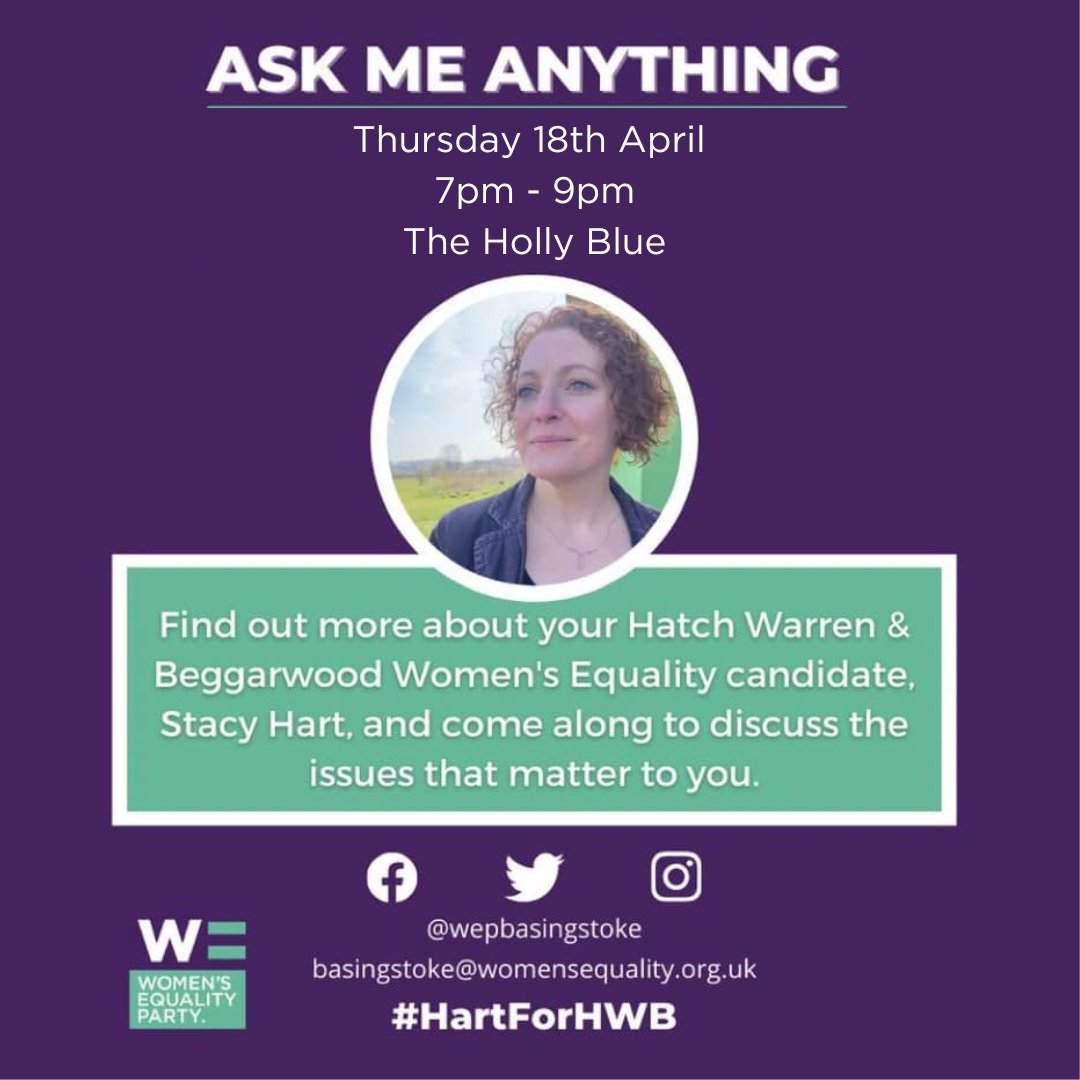 Stacy Hart (@AlmostStace) will be at The Holly Blue TODAY from 7pm to answer your questions. Come and speak to the Borough Council candidate who wants to hear from you and take action on the issues that matter most to the people of Hatch Warren and Beggarwood. Details below!