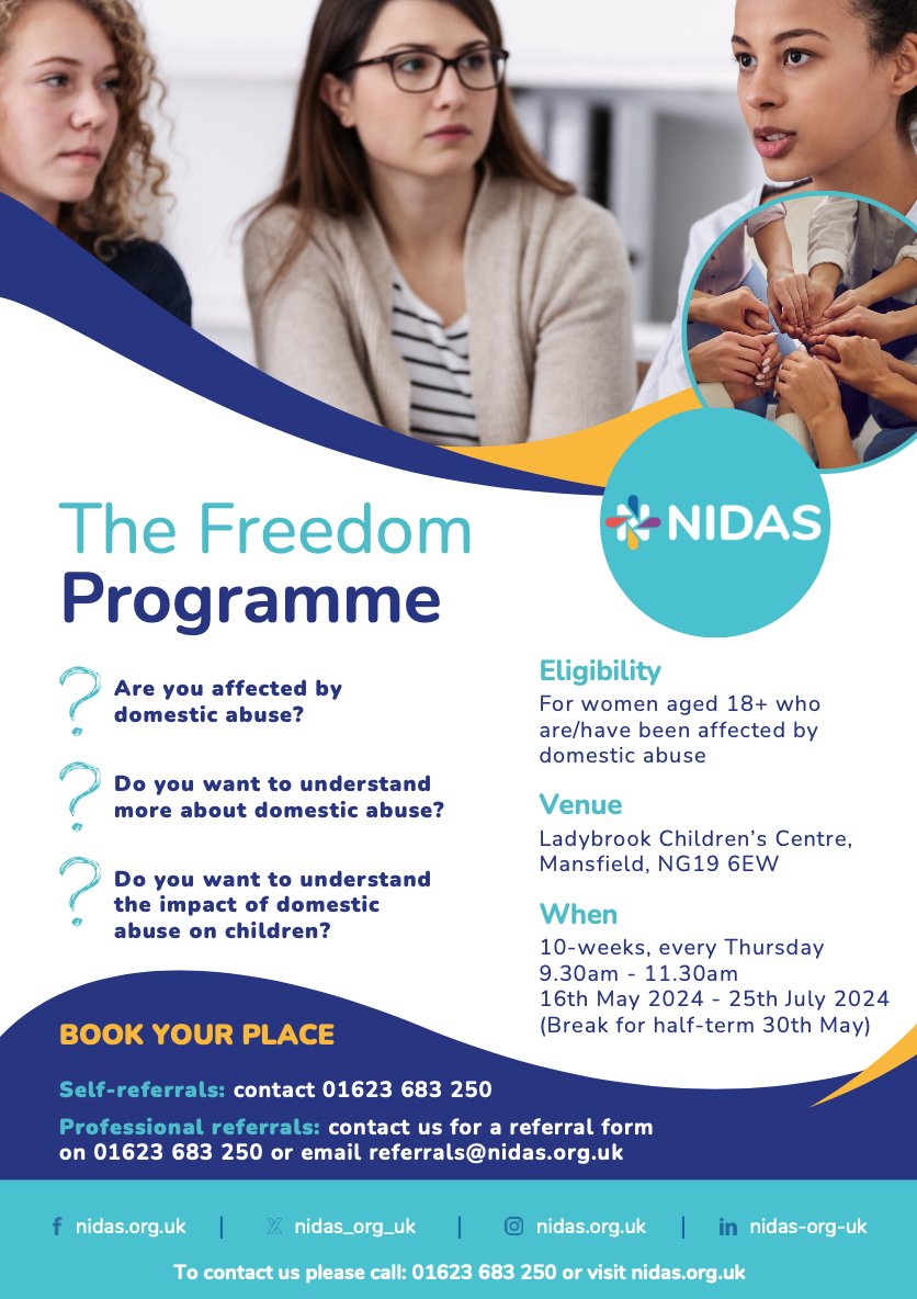 Our next #Freedom Programme starts next month. If you or someone you know has been affected by domestic abuse - the programme helps participants to understand #domesticabuse, how it has affected them, and how children are affected. Info: nidas.org.uk/the-freedom-pr…