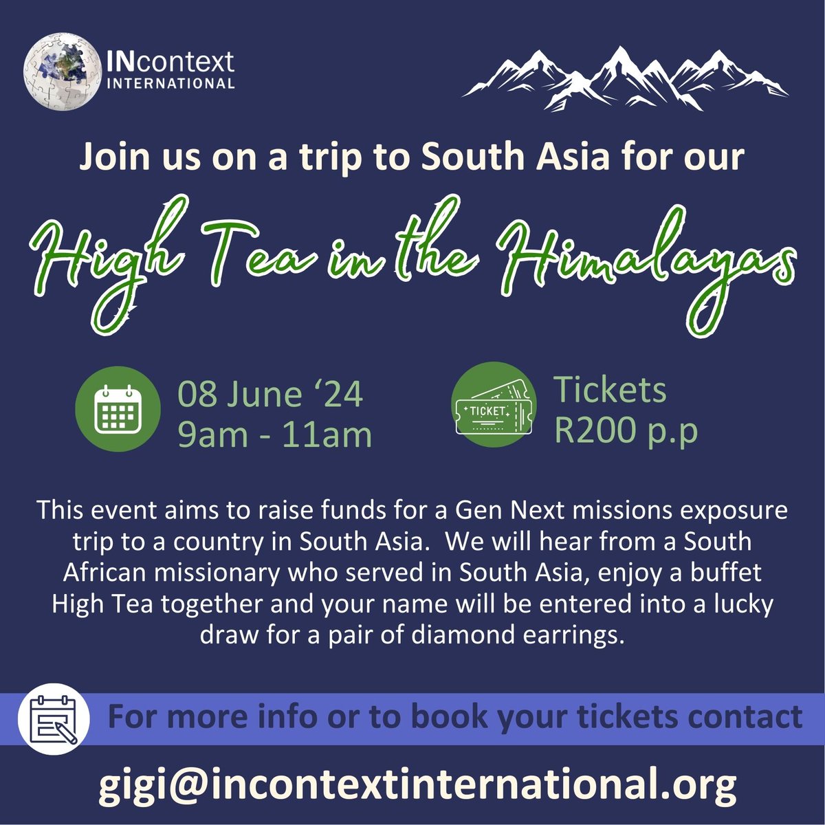 Area: Northern Suburbs of Cape Town Please note that tickets will not be sold at the door. We would love for YOU to join us! ALL ARE WELCOME! For more information or to book your ticket, please email gigi@incontextinternational.org #INcontext #INcontextInternational #events