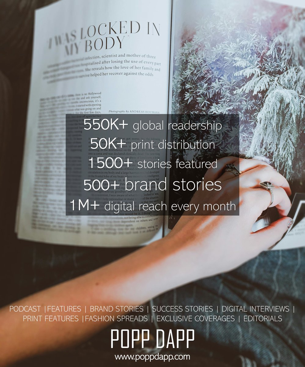 550K+ global readership
50K+ print distribution
1500+ stories featured
500+ brand stories
1M+ digital reach every month
India | United States | Dubai
poppdapp.com
#poppdapp #fashionmagazine #printmagazine #fashion #fashionphotography #model #fashioneditorial #fashionb