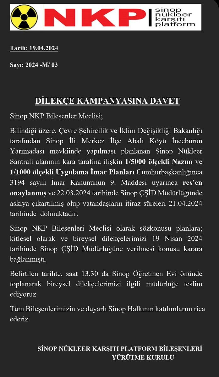 1/1000 ve 1/5000 planlarına itiraz dilekçelerimizi vermek üzere, 19.04.2024( yarın) saat 13.30 da Sinop öğretmenevi bahçesinde buluşuyoruz. @NKPistanbul @emoorgtr @NKPmersinn @TMMOB1954