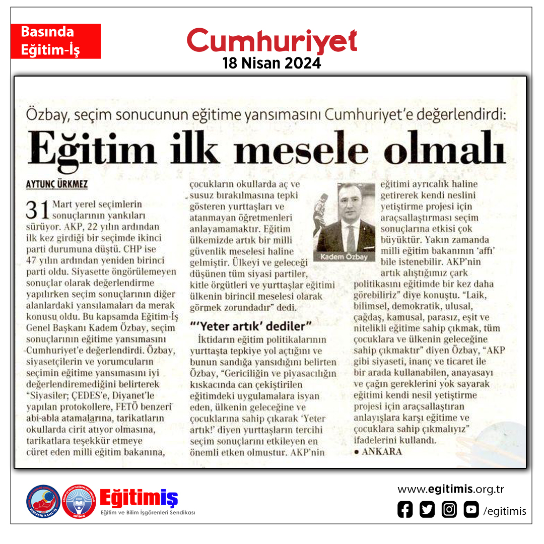 Genel Başkanımız Kadem Özbay, AKP'nin eğitim politikalarının, 31 Mart yerel seçimlerine yansımasını değerlendirdi, 'Eğitim ülkemizde artık bir milli güvenlik meselesi haline gelmiştir. Ülkeyi ve geleceği düşünen tüm siyasi partiler, kitle örgütleri ve yurttaşlar eğitimi ülkenin
