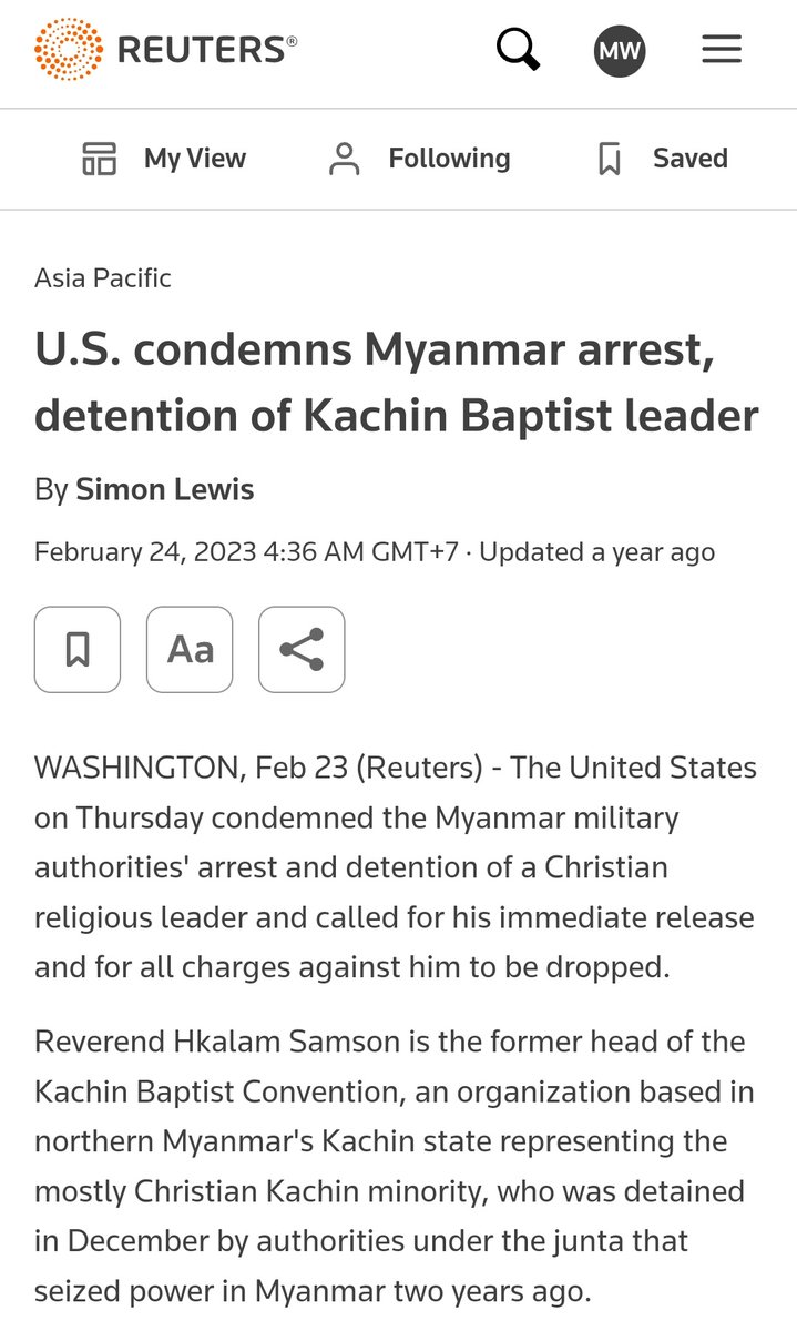 Release of #Myanmar former #Kachin Baptist Convention President Dr Hkalam Samson on Wed quickly overturned when he was re-arrested Thursday, almost immediately after. He had been detained since Dec 2022, which the US had condemned irrawaddy.com/news/burma/mya… #WhatsHappeninglnMyanmar