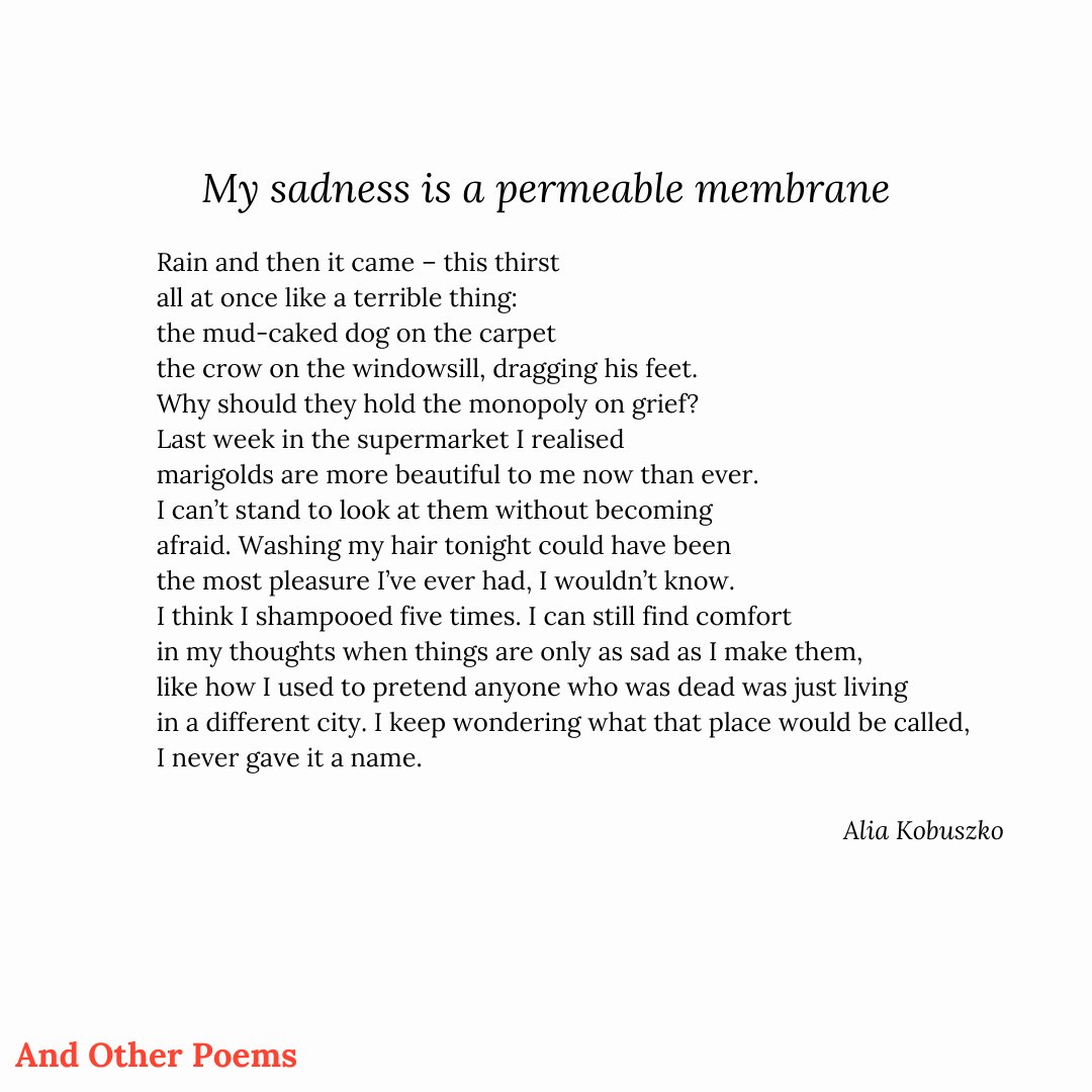 Alia Kobuszko's (@aliakobuszko) 'My sadness is a permeable membrane'. Published in Issue Three of And Other Poems.
