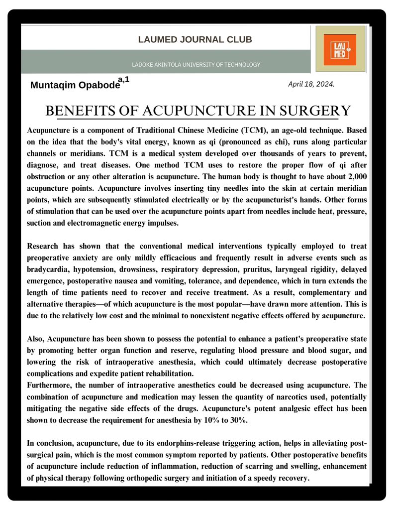 LaumedC's tweet photo. LAUMED Journal Club Weekly Publication
#Acupuncture #Surgery #Laumedjc #journalclub https://t.co/9kYWWTm0nY
