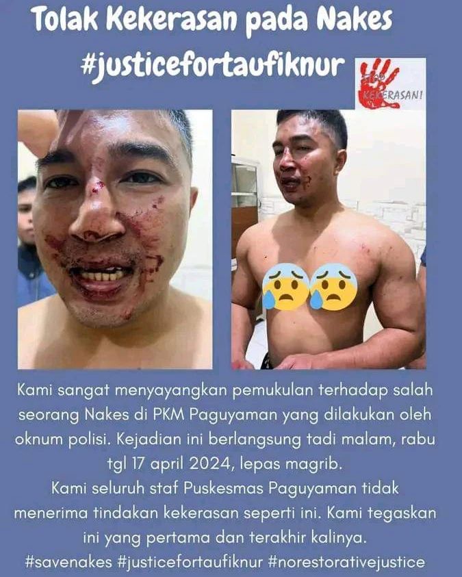 Heraloebss's tweet photo. ⚠️ TRIGGER WARNING ⚠️
Gegara Cemburu, Oknum Polisi Diduga Aniaya Petugas Kesehatan Puskesmas (17/04/2024)

📍Paguyaman, Kabupaten Boalemo

KRONOLIGI >>>
Kejadian bermula saat DRD ( oknum Polisi ) datang ke rumah dinas Puskesmas dan langsung mendobrak pintu . 

Saat itu, korban Taufik Nur (33) sedang tidur dan tidak mengetahui kalau DRD datang untuk mencarinya.

Keterangan Saksi ( Kaka Ipar)
“Saat itu adik ipar saya sedang tidur, kaget ada dobrakan pintu kamar, setelah pintu terbuka dia (Polisi) langsung dipukul tanpa menjelaskan pokok permasalahannya,”

Setelah memukul korban, pelaku baru memberitahukan logika melakukan hal tersebut. Belakangan diketahui, pelaku menuduh korban mengirim pesan whatsapp ke pacar pelaku yang kebetulan satu tempat kerja dengan korban.
“Padahal adik ipar saya tidak pernah mengirim pesan whatsapp kepada wanita dimaksudkan itu,” tutup Alfianto

Saat pihak korban ini sudah melaporkan kejadian tersebut ke pihak kepolisian.

Selengkapnya https://t.co/zIZUAQpXuy