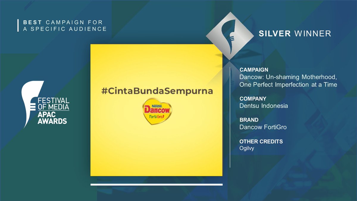 The silver trophy for the Best Campaign for a Specific Audience category was awarded to @DentsuCRTV Indonesia #FestivalofMedia