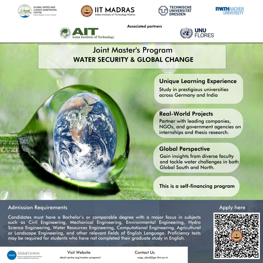 Apply now to the International Joint Master's Program 'Water Security & Global Change', presented by @iitmadras, @tudresden_de and #RWTH and benefit from top-notch faculty expertise and gain invaluable insights into the complexities of water systems 🌊: ➡️abcd-centre.org/master-program/