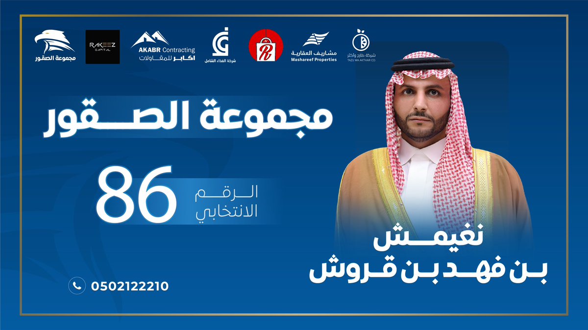 AAlameerw's tweet photo. مجموعة الصقور 
الامير بن عايض الوبري @AAlameerw 
الرقم الانتخابي 6 
 تركي بن خالد العجلان @turkialajlan 
الرقم الانتخابي 9 
عبدالسلام بن عبدالرحمن الماجد @Abduls_almajed 
الرقم الانتخابي 36 
نغيمش بن فهد العجمي @alajmy_ngemsh 
الرقم الإنتخابي 86
همة شباب .. تحقيق رؤية وطن

منكم الدعم والدعاء ومنا العطاء ان شاء الله
 طموح شباب ورؤية قادة.

همة شبـــاب.. تحقيق رؤية وطن. 

ونسال الله التوفيق والسداد…
#مجموعة_الصقور 
#انتخابات_غرفة_الرياض_19
#انتخابات #غرفة_الرياض