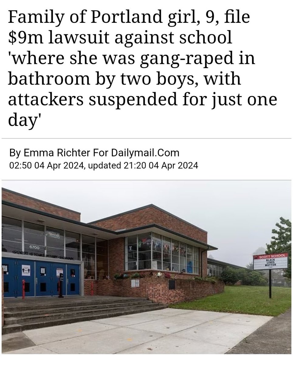 TaraBull's tweet photo. Two boys gang r*ped a 9-year-old in a school bathroom, they were suspended for 1 day.

Another boy said 'iIIegal alien' in English class, he was suspended for 3 days.

What is wrong with this world? https://t.co/UfPoZvFqu0