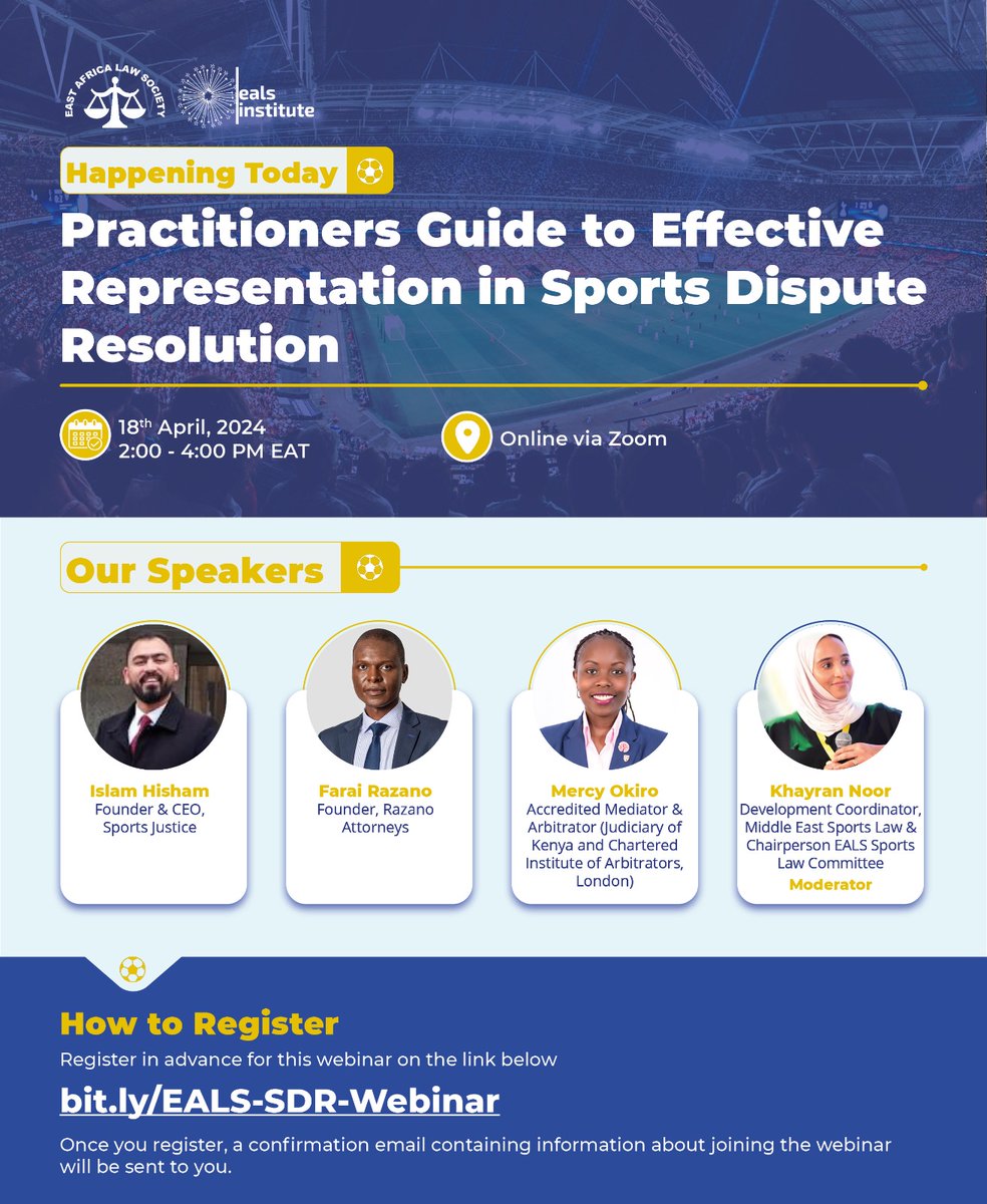 Calling all sports enthusiasts! 📢 Don't miss out on our webinar on Sports Dispute Resolution - gain valuable knowledge to up your game in the legal field of sports. 🌟 Register now! ➡➡ bit.ly/EALS-SDR-Webin…  #Sportslaw