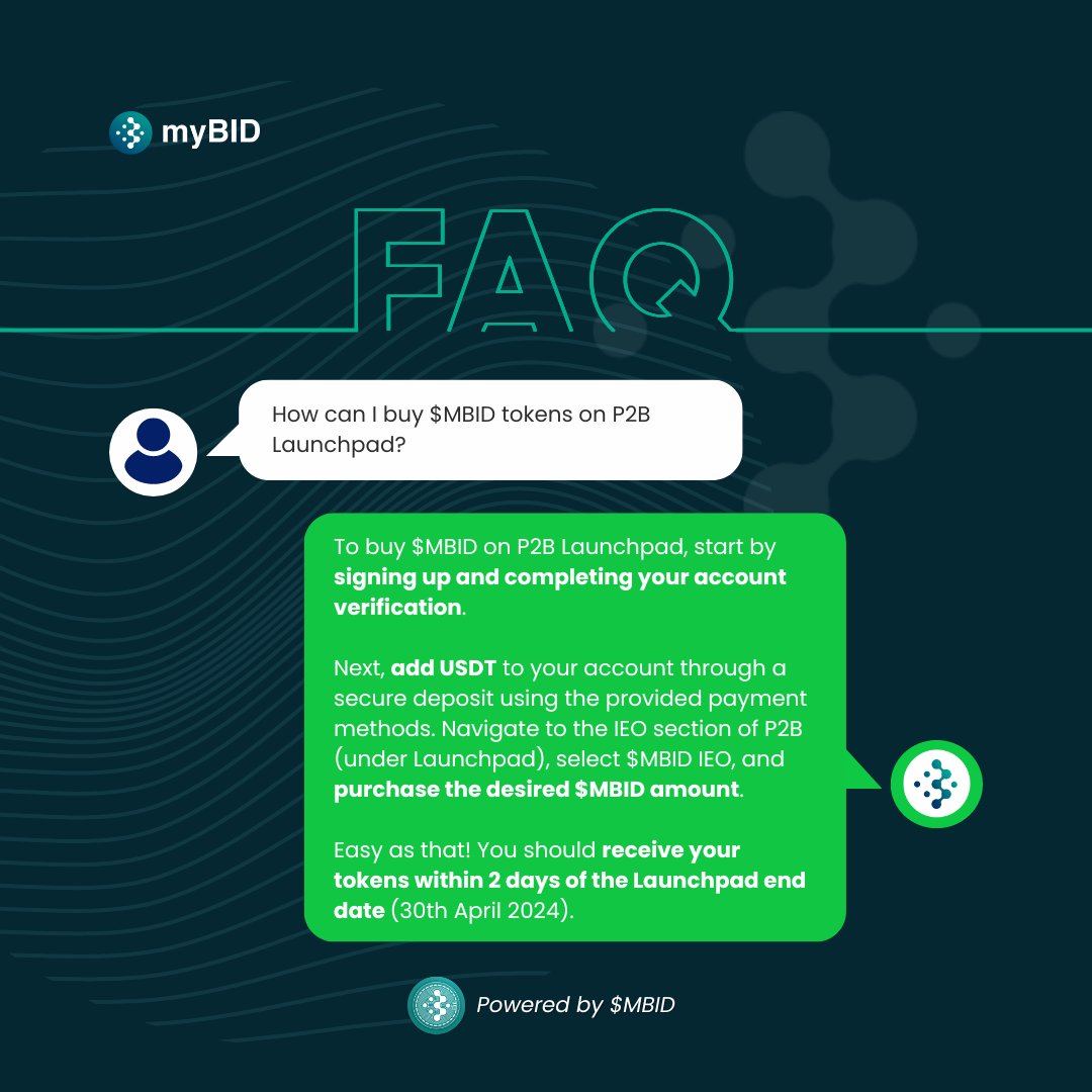 Got questions on acquiring $MBID tokens on P2B Launchpad? 🤔 Check out our latest FAQ for all the details and get ready to prosper! Your $MBID journey starts here! #myBID #SSI #DigitalID #ZKP #GovTech