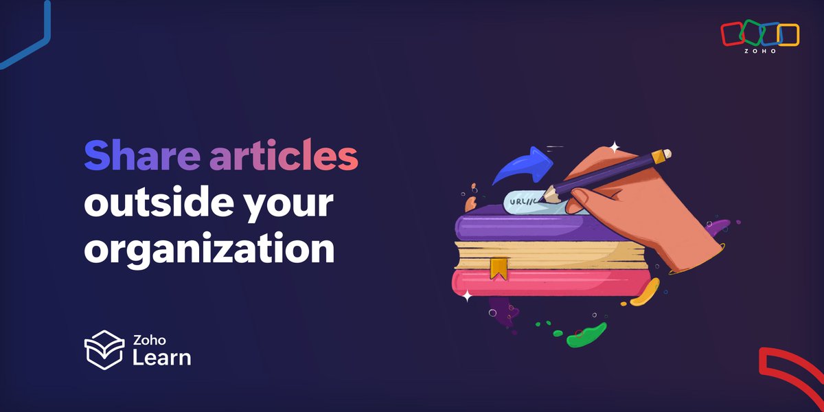 Create public URLs for individual articles using external article sharing and allow access for users who don't belong to your hub.
#ZohoLearn #knowledgesharing #knowledgemanagement