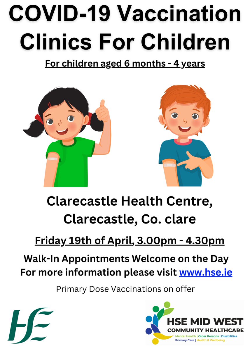 A #COVID19 Vaccination Clinic for children will be held in Clarecastle Health Centre (V95 KP73)TOMORROW, Friday the 19th of April from 3pm to 4:30pm. There is no requirement to book, all are welcome to attend our walk-in clinic.