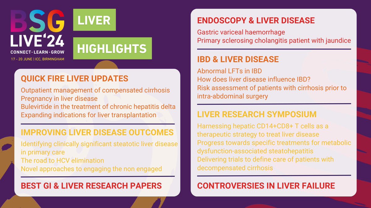 Check out some of our focussed #liver sessions at #BSGLIVE24 👀 Get your ticket for this year's conference taking place 17th - 20th June in Birmingham for 4 days of educational and research updates in the liver specialty and much more 👇 live.bsg.org.uk/register/