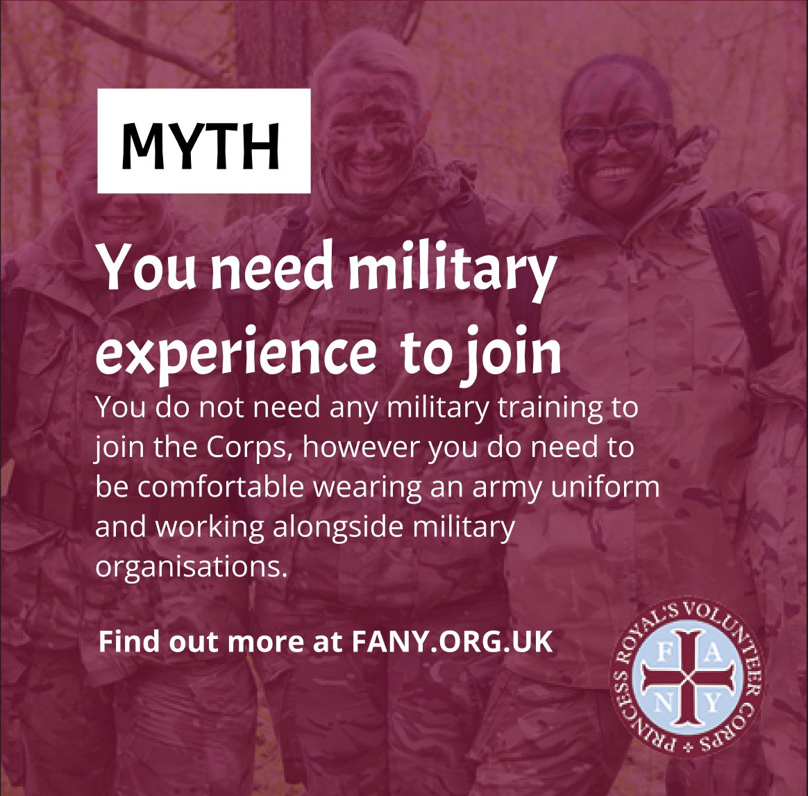 There are some #myths about who can join us, so we wanted to clear a few things up. You do not need any military experience to join, but you do need to be comfortable wearing a uniform and working alongside military organisations. #noexperiencenecessary fany.org.uk/Join-us