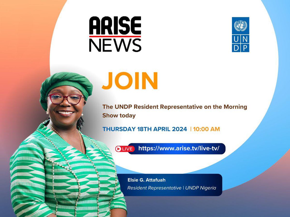 Tune in to @AriseNews_ for an insightful conversation on the Morning Show as I delve into our work @UNDPNigeria 🗓️18 April, 2024 ⏰ 10 AM WAT Tune in 🎥