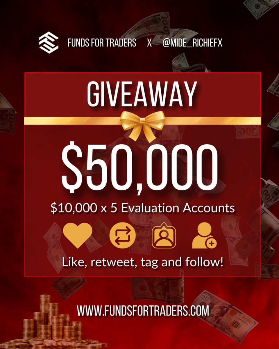 🎊🥳Giveaway! Giveaway!! Giveaway!!!🥳🎊

$50k Worth of Prop Evaluations: $10k X 5 sponsored by @fundsfortraders

To win: 

✔️ Follow:  @fundsfortraders | @TradeMeneer | @joranFFT.

✔️ Follow @Mide_RichieFx
| @Mide_RichieFA | @Nelly_young2

✔️ Like & Retweet. ❤️ + ♻️

✔️ Tag 3…