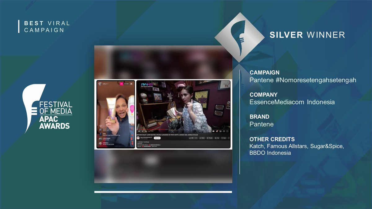 The silver winner for Best Viral Campaign is @emglobal Indonesia with PANTENE #Nomoresetengahsetengah #FestivalofMedia