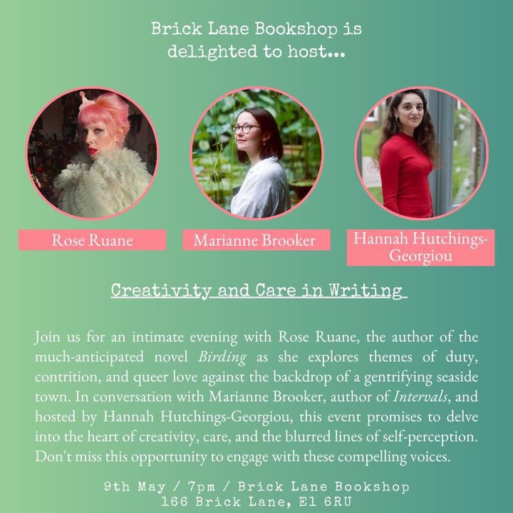 So looking forward to discussing creativity and care with brilliant @AnnieBrooker_ & @hhgsparkles at @BrickLaneBooks on May 9th at 7pm. Would love you to join us please