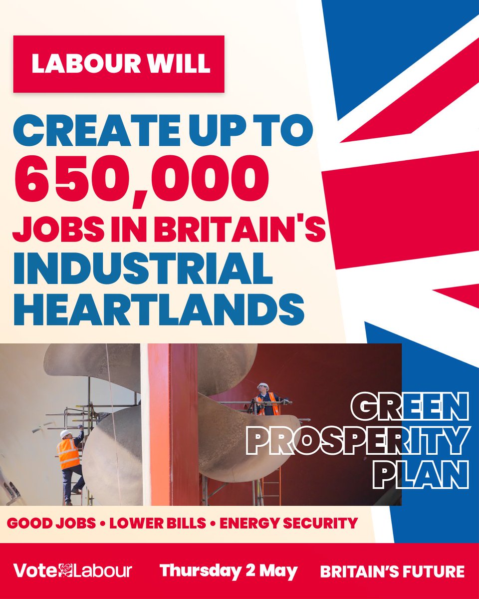 Labour's Green Prosperity Plan will help support the creation of up to 650,000 good jobs in Britain’s industrial heartlands, by encouraging billions of private investment into industries like clean energy, steel, automotive, and construction.