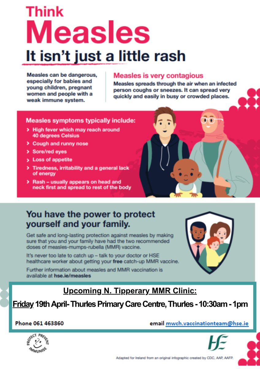 Measles is a highly infectious viral illness which can be dangerous for some people. It's never too late to get vaccinated. Protect yourself and your family by calling into our clinics for your Free MMR vaccine. You can just walk in or you can book here: www2.hse.ie/services/mmr-v…