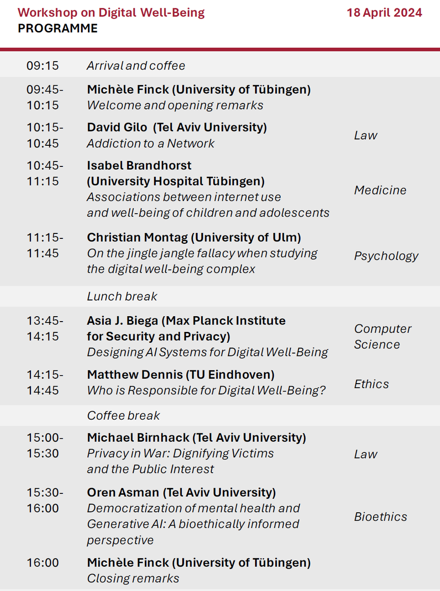 orenasman's tweet photo. A workshop on Digital well-being now begins at @uni_tue with their Chair of Law and AI. I will talk about The Ethics of Digital Democratization of Mental Health and present our online Immediate Stabilization Procedure after a traumatic event project.  #ResponsibleAI https://t.co/kUd9Mhwg2O