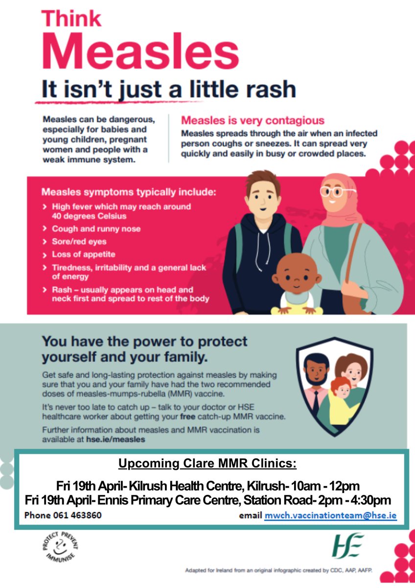 Measles is a highly infectious viral illness which can be dangerous for some people. It's never too late to get vaccinated. Protect yourself and your family by calling into our clinics for your Free MMR vaccine. You can just walk in or you can book here: www2.hse.ie/services/mmr-v…
