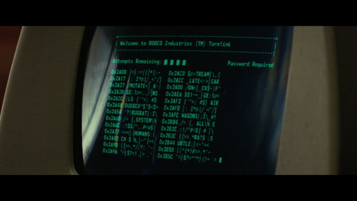 this part made me laugh cause i always assumed the hacking minigame in fallout was meant to represent actual hacking techniques but apparently it's literal which means in this universe hacking is just a game of hangman. like, children could do it.