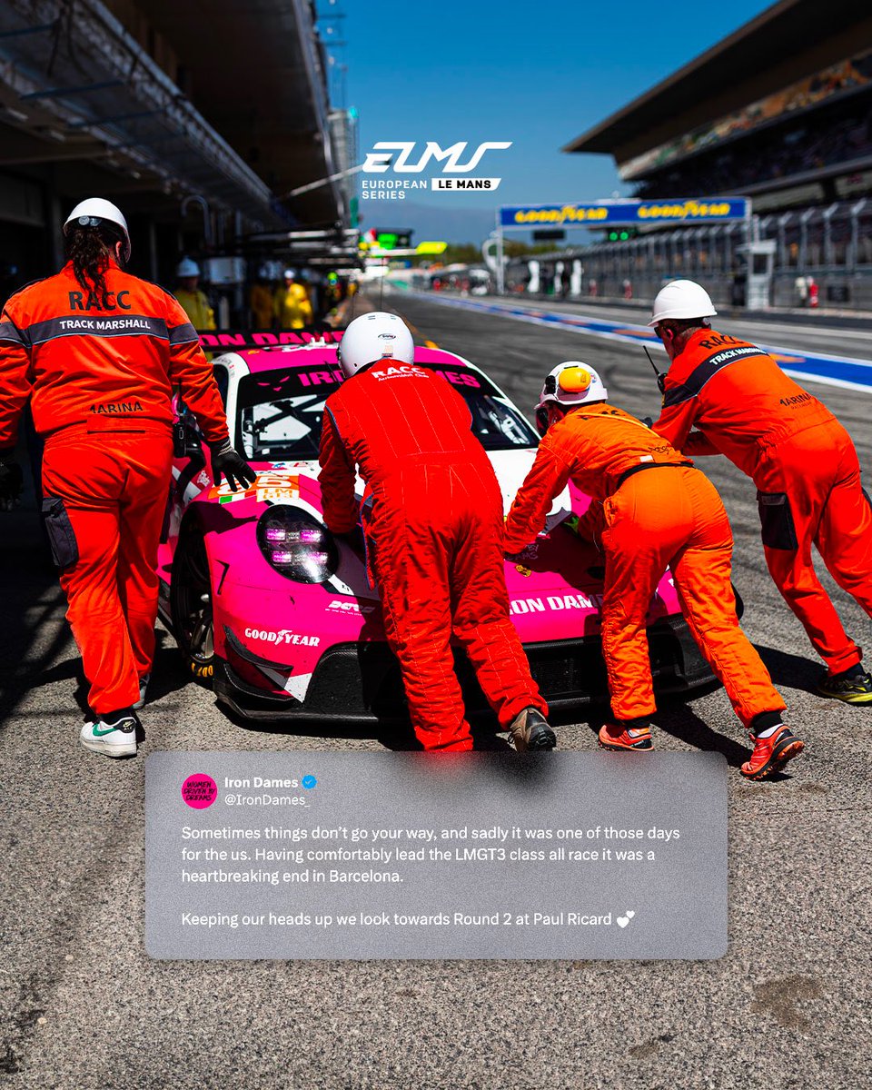 A heartbreaking conclusion to what was a dominating showing from the @IronDames_ in Barcelona. 💔   One thing for sure is they will be regrouping and coming back even stronger at Round 2 on May 5, the #4HLeCastellet. 👊🏻 #ELMS