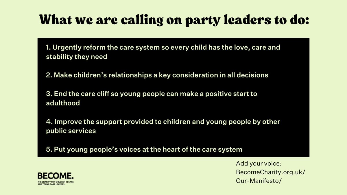 🗳️ There will be a General Election this year. 

💜 Here is what we want to see party leaders commit to for all #CareExperienced young people.

➡️ Read more in our manifesto ‘Time to show you care’ &amp; find out ways to add your voice: BecomeCharity.org.uk/Our-Manifesto
