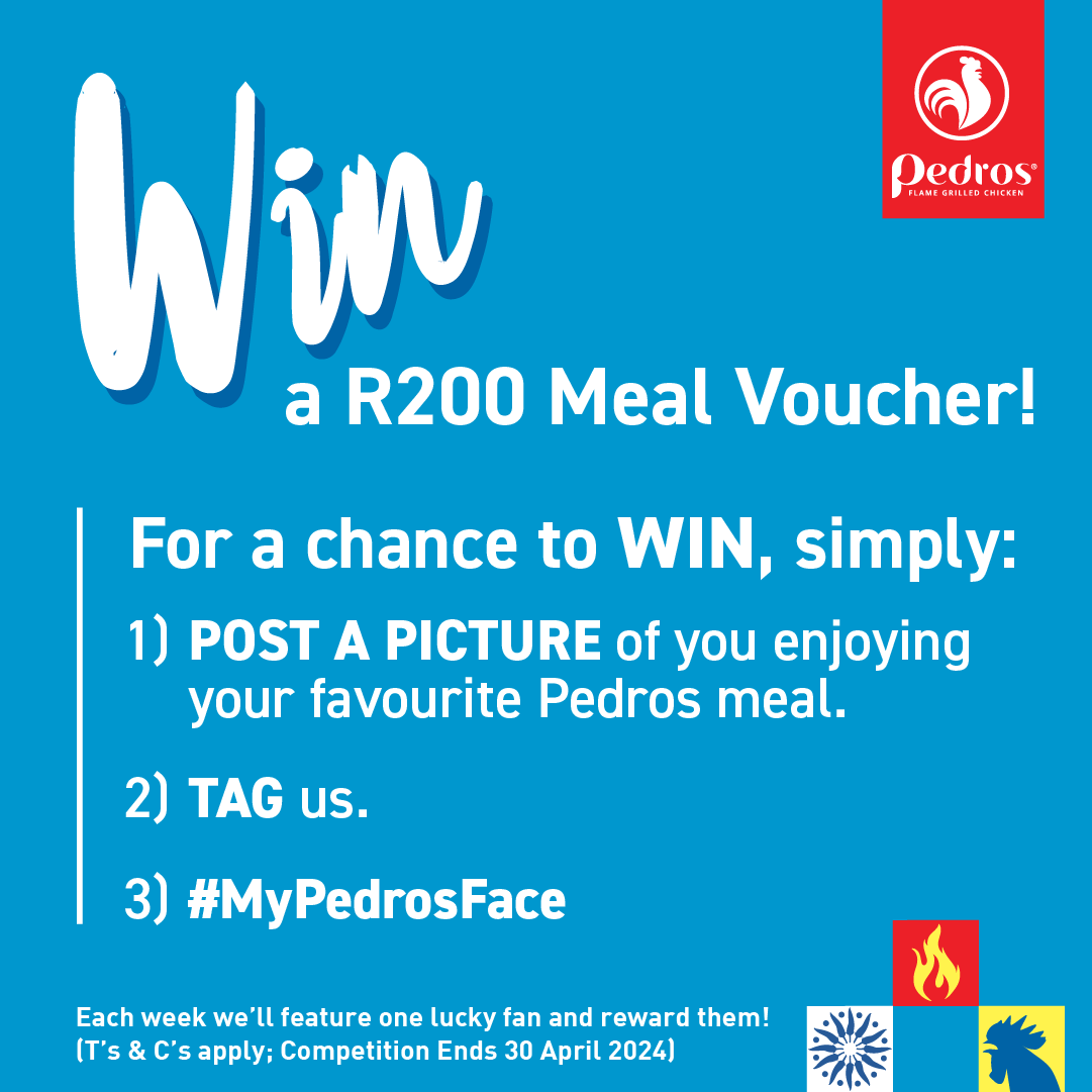 The best part of your work day…
Show us YOUR Pedros Face and you could WIN a R200 Meal Voucher every week!
- Post a picture of you enjoying your Pedros.
- TAG us.
- #MyPedrosFace
Each week we’ll feature one lucky fan and reward them!
(T’s&C’s; Competition ends April 30th)