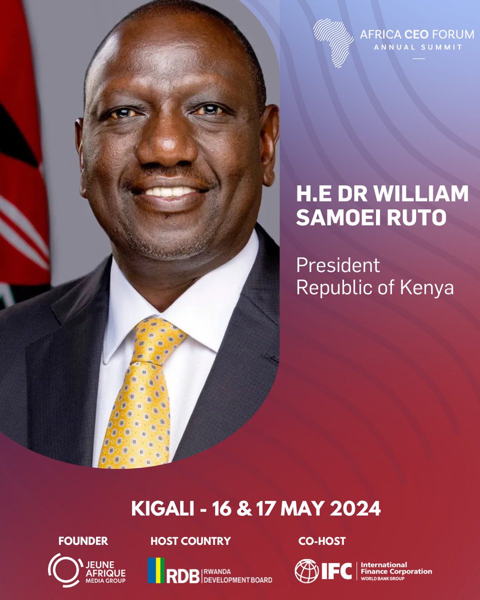 H.E. Dr. WILLIAM SAMOEI RUTO, President of the Republic of Kenya, is joining us at #ACF2024. This event will take place in Kigali from the 16th to the 17th of May. To register, click here: lnkd.in/e4nS-xeg @WilliamsRuto @kdfinfo