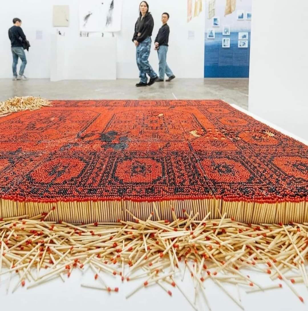 Hadi Rahnaward: ‘Fragile Balance’ (2023) rug sculpture created with matches